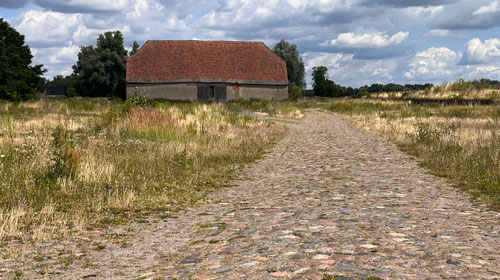 Ein großer Gutshof im Sommer. Wolken am Horizont.