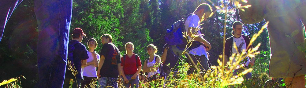 Auf dem Bild sind ca. 10 weibliche und männliche Jugendliche. Die meisten tragen einen Rucksack und unterhalten sich. Sie stehen auf einer sommerlichen Waldwiese. Im Vordergrund ist hohes Gras, was von der Sonne beschienen wird.